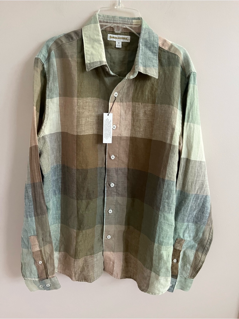 NWT-Banana Republic Olive Plaid Linen Shirt, Medium